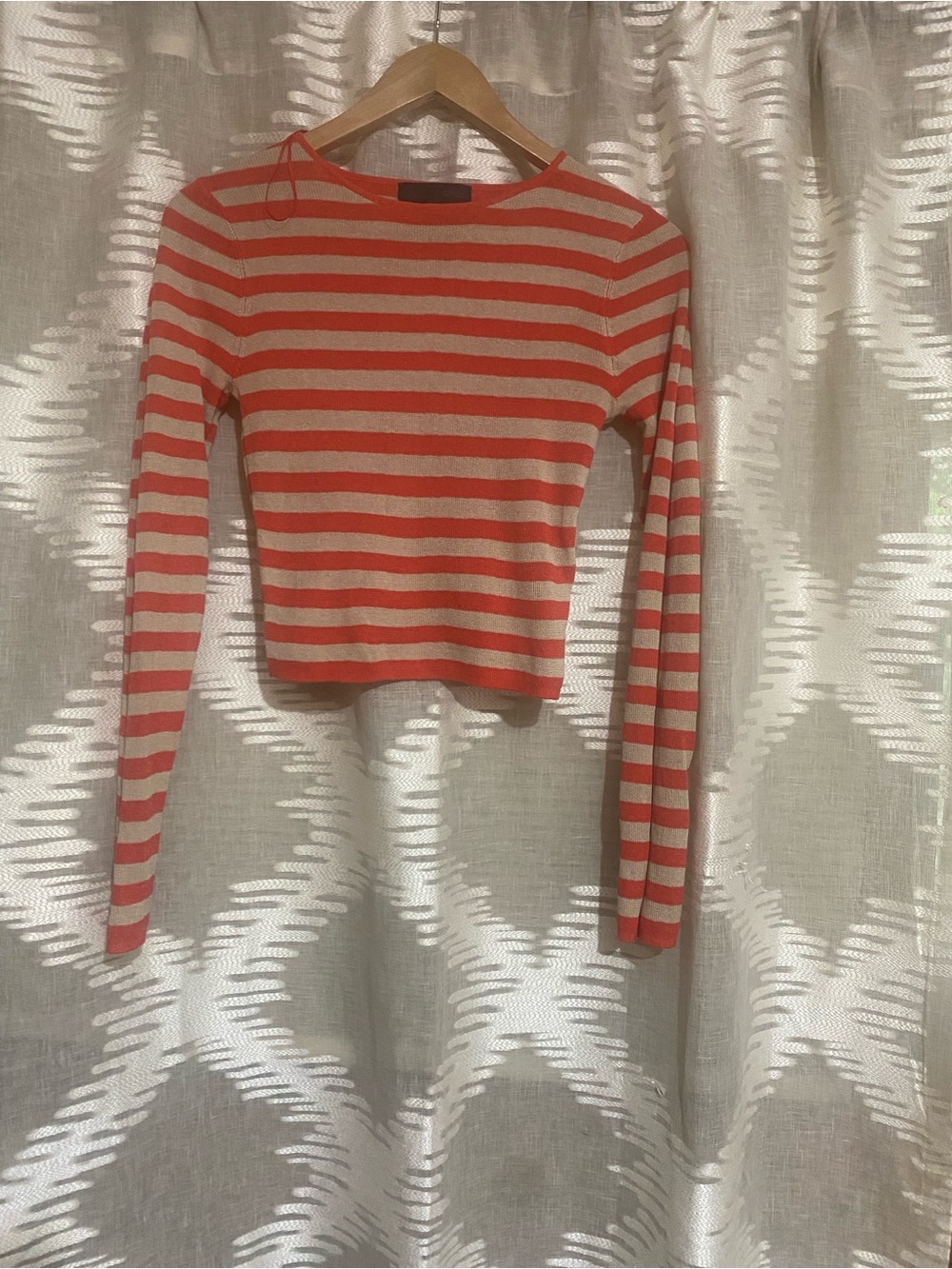 Zara Coral and Cream Striped Long-Sleeve Crop Top